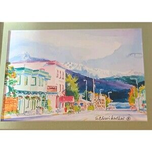 Vintage Alaska Print Matted And Framed By S.C. Swiderski Mountains Water Town